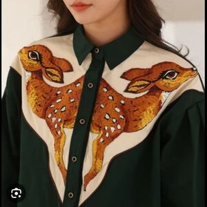 Western style Deer Embroidered Green Blouse